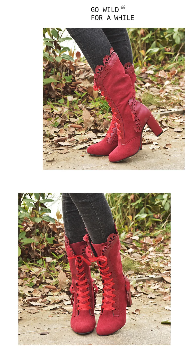 Retro Women Boots Lace Women's High Heels Victorian Classic Ladies Middle Tube Boots Mid-calf Leather Boots Shoes Botas Mujer