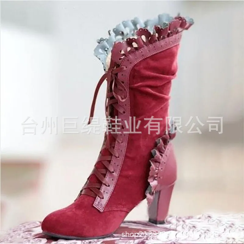 Retro Women Boots Lace Women's High Heels Victorian Classic Ladies Middle Tube Boots Mid-calf Leather Boots Shoes Botas Mujer