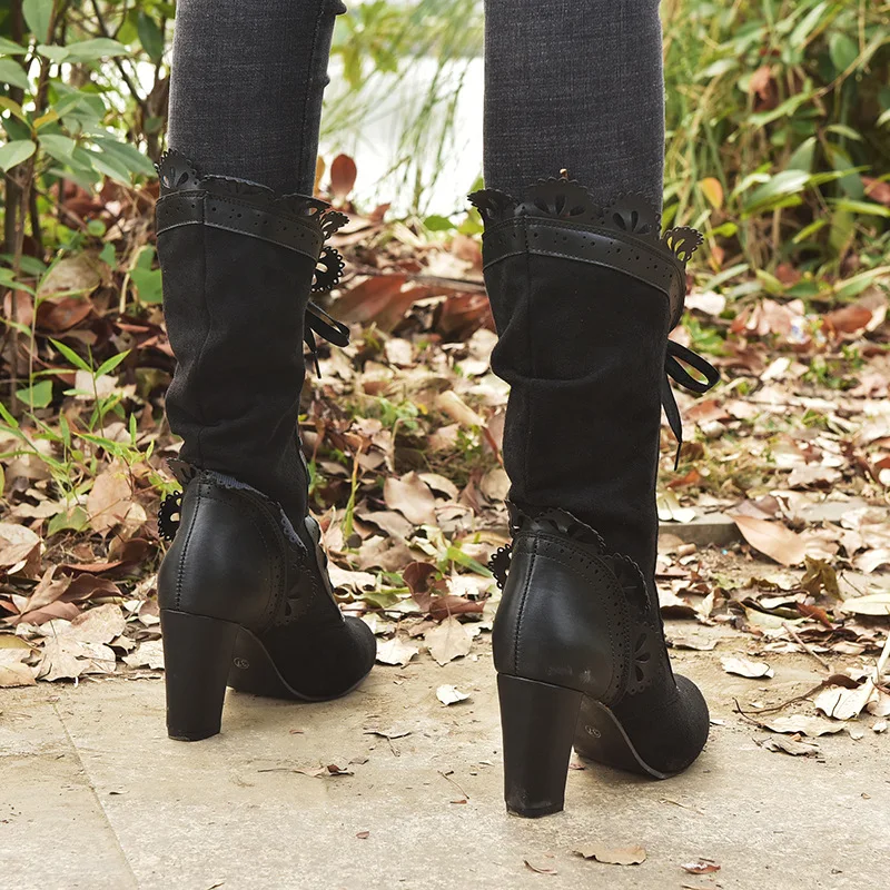 Retro Women Boots Lace Women's High Heels Victorian Classic Ladies Middle Tube Boots Mid-calf Leather Boots Shoes Botas Mujer