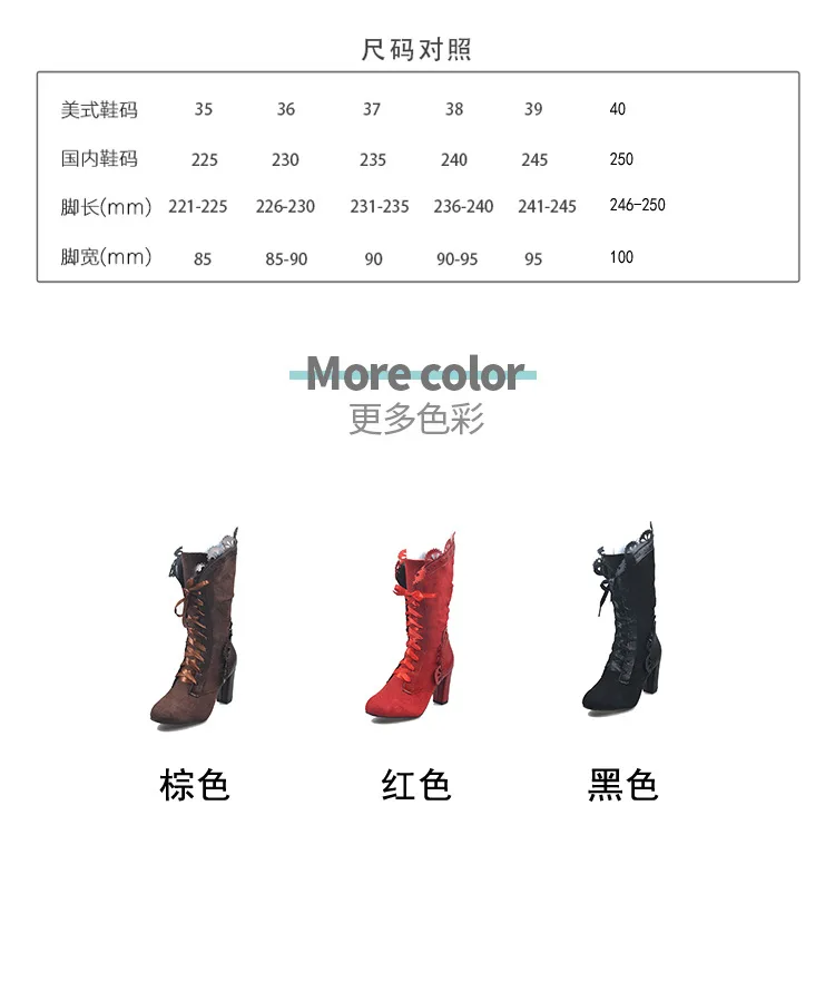 Retro Women Boots Lace Women's High Heels Victorian Classic Ladies Middle Tube Boots Mid-calf Leather Boots Shoes Botas Mujer