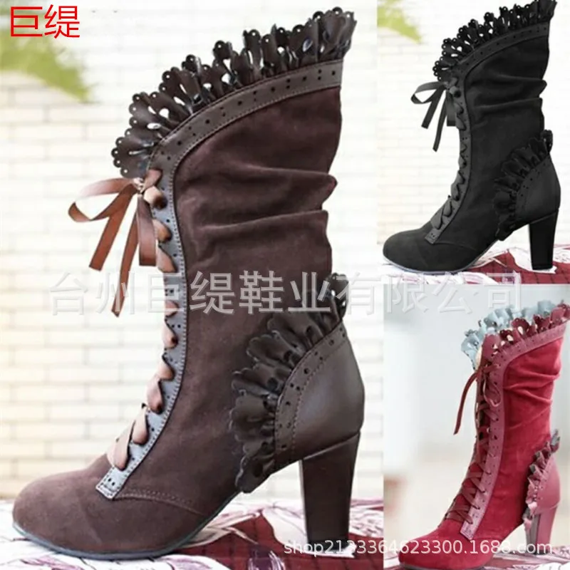 Retro Women Boots Lace Women's High Heels Victorian Classic Ladies Middle Tube Boots Mid-calf Leather Boots Shoes Botas Mujer