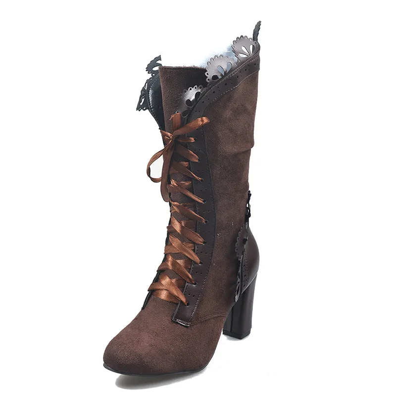 Retro Women Boots Lace Women's High Heels Victorian Classic Ladies Middle Tube Boots Mid-calf Leather Boots Shoes Botas Mujer