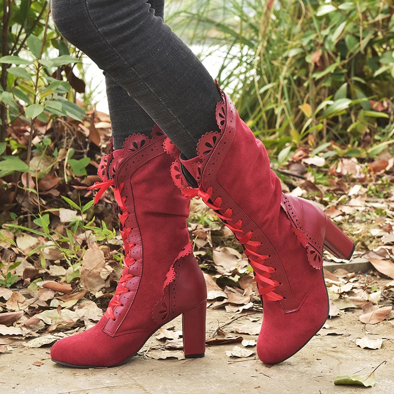 Retro Women Boots Lace Women's High Heels Victorian Classic Ladies Middle Tube Boots Mid-calf Leather Boots Shoes Botas Mujer