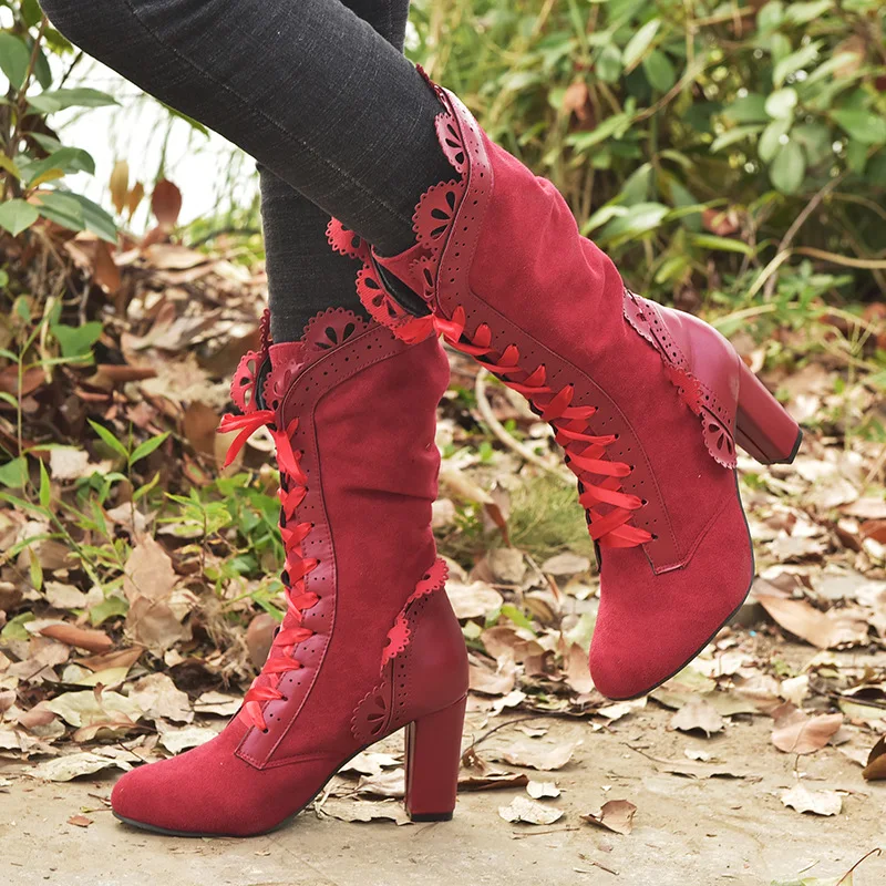 Retro Women Boots Lace Women's High Heels Victorian Classic Ladies Middle Tube Boots Mid-calf Leather Boots Shoes Botas Mujer