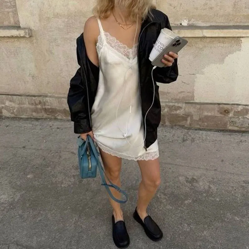 Elegant Lady Silk Satin Spaghetti Strap Camis Dress Women Lace Trim V Neck Sleeveless Mini Dress Fashion Club Party Slip Dress