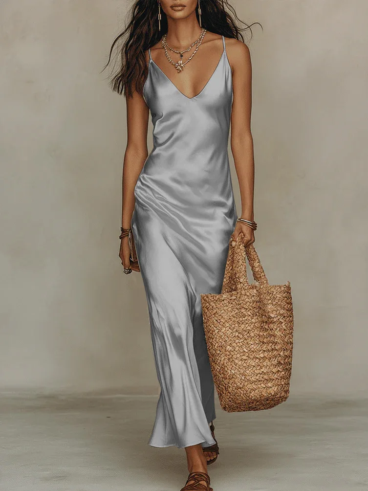 Chic Women's Satin Maxi Dress Fashion New Sleeveless Sexy Straps Evening Dresses With Summer Elegant Holiday Party Evening Gown
