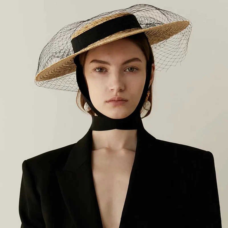 Short Height Women Straw Hat with Black Ribbons Mini Top Straw Headwear with Clips Craft Making Fascinator Millinery Headbands