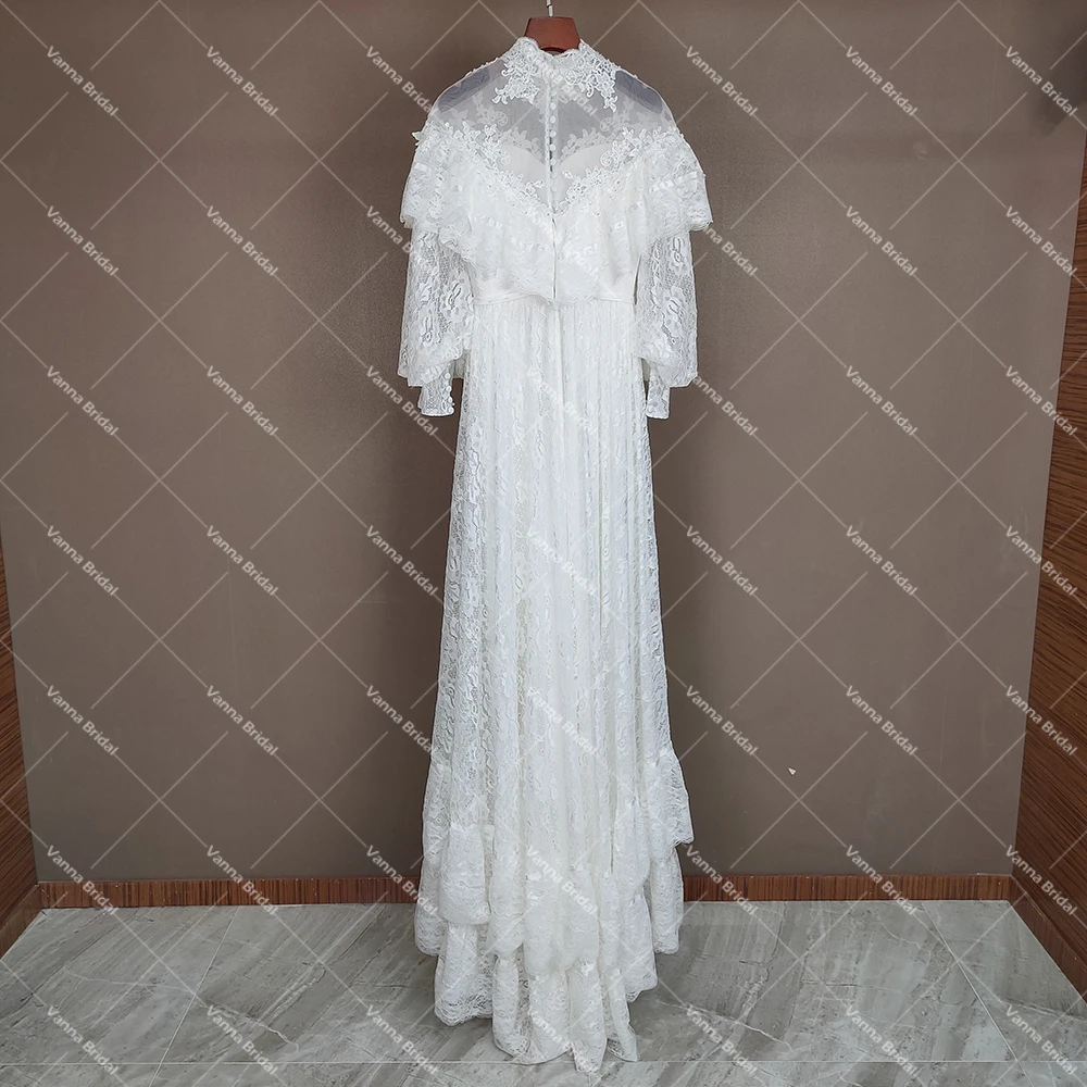 Victorian Lace Long Sleeves Bridal Gown High Neck Vintage Buttons Sheer Back Tiered Wedding Dress Customized Retro Real Photos