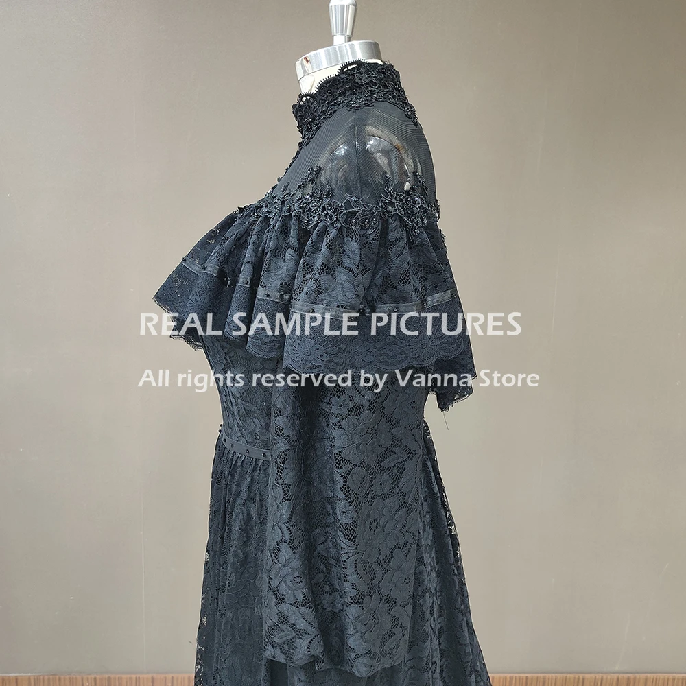 Victorian Lace Long Sleeves Bridal Gown High Neck Vintage Buttons Sheer Back Tiered Wedding Dress Customized Retro Real Photos