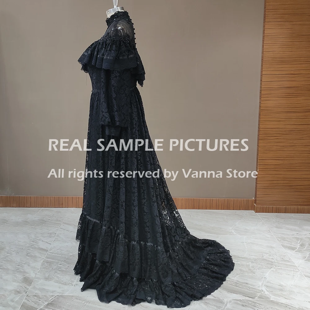 Victorian Lace Long Sleeves Bridal Gown High Neck Vintage Buttons Sheer Back Tiered Wedding Dress Customized Retro Real Photos