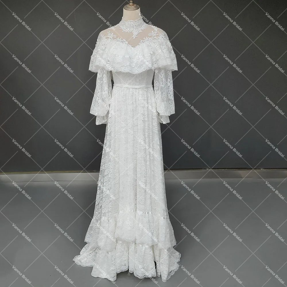 Victorian Lace Long Sleeves Bridal Gown High Neck Vintage Buttons Sheer Back Tiered Wedding Dress Customized Retro Real Photos