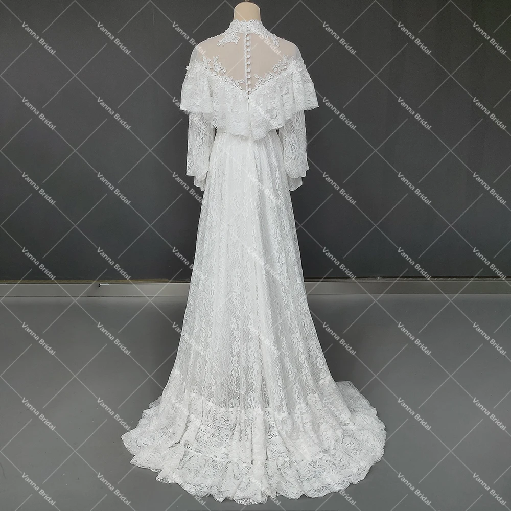 Victorian Lace Long Sleeves Bridal Gown High Neck Vintage Buttons Sheer Back Tiered Wedding Dress Customized Retro Real Photos