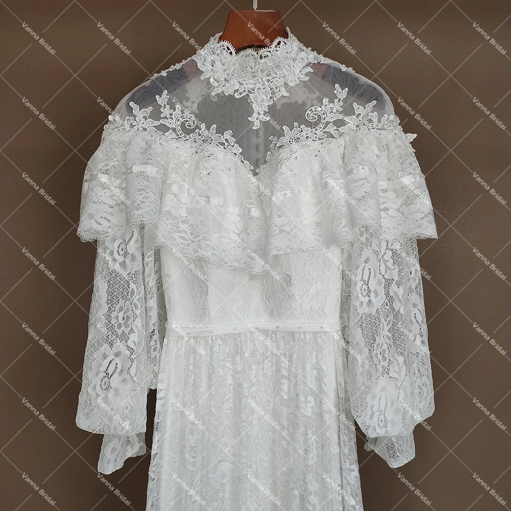 Victorian Lace Long Sleeves Bridal Gown High Neck Vintage Buttons Sheer Back Tiered Wedding Dress Customized Retro Real Photos