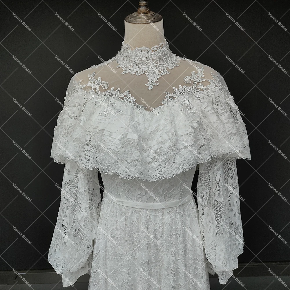 Victorian Lace Long Sleeves Bridal Gown High Neck Vintage Buttons Sheer Back Tiered Wedding Dress Customized Retro Real Photos
