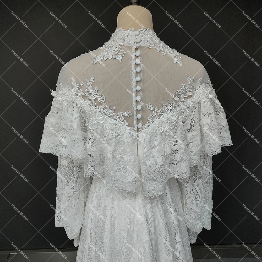 Victorian Lace Long Sleeves Bridal Gown High Neck Vintage Buttons Sheer Back Tiered Wedding Dress Customized Retro Real Photos