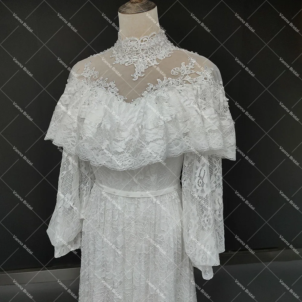 Victorian Lace Long Sleeves Bridal Gown High Neck Vintage Buttons Sheer Back Tiered Wedding Dress Customized Retro Real Photos