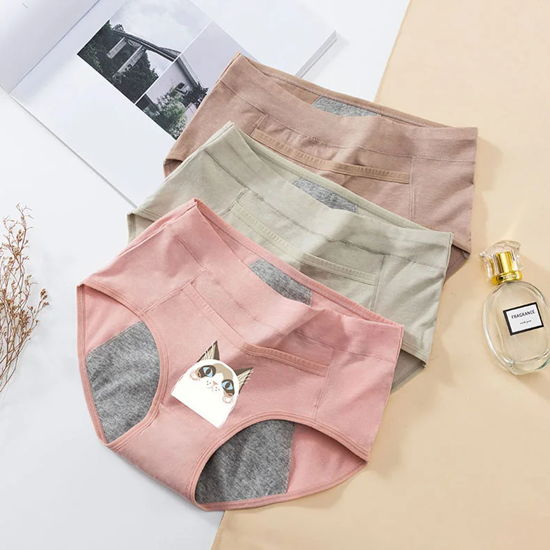3PCS Cotton Menstrual Panties Leak Proof Breathable Cartoon cat Panties Woman Women Girls Physiological Pants Women's Intimates