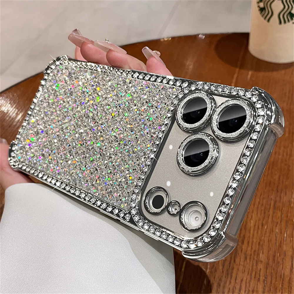 Colorful Glitter Full Screen Diamond Phone Case for iPhone 18 Pro Max 17 16 15 14 13 Lens Protection Plated Shockproof Cover