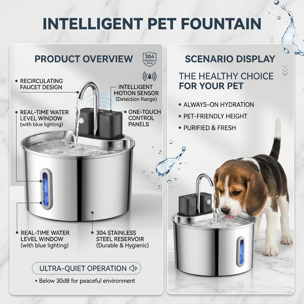 2L Wireless Smart Pet Fountain Stainless Steel Cat Dog Water Dispenser Motion Sensor Rechargeable Auto Drink Bowl( No 5V 1A Plug