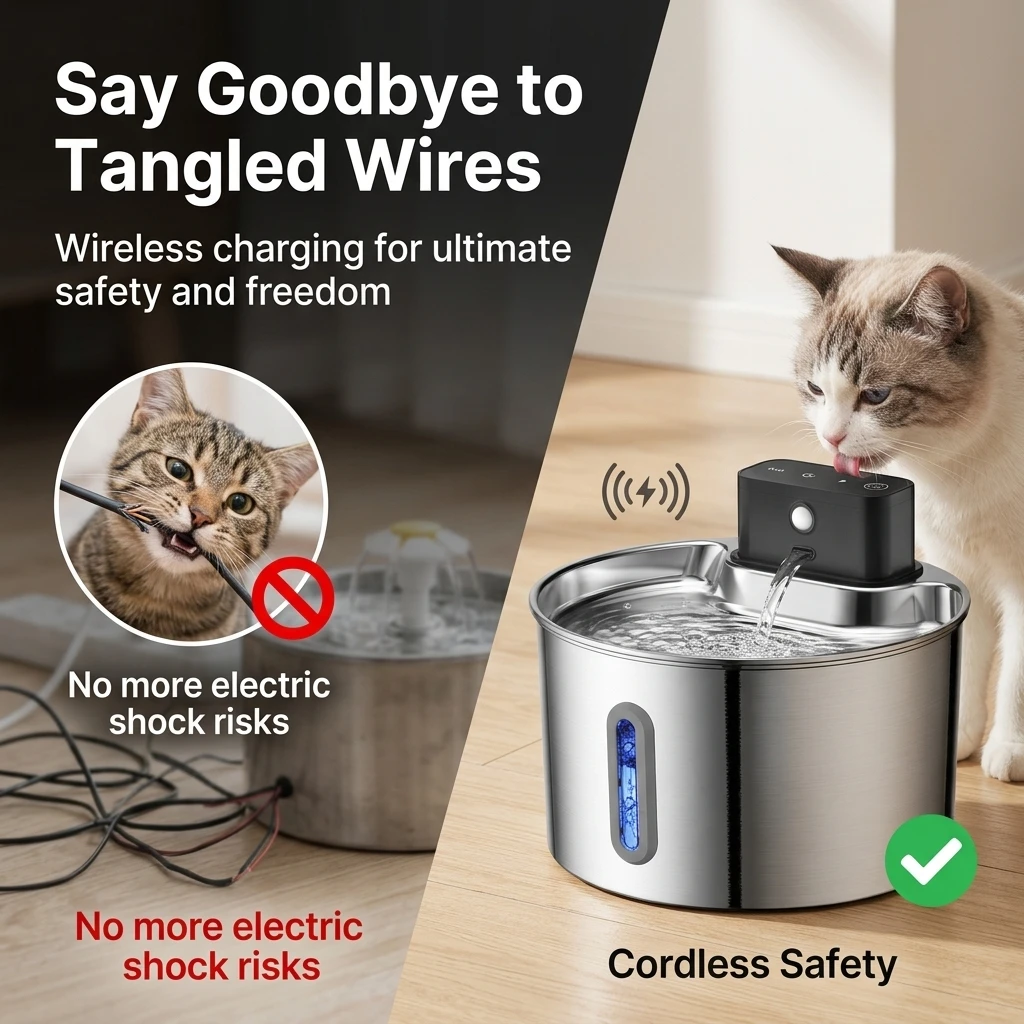 2L Wireless Smart Pet Fountain Stainless Steel Cat Dog Water Dispenser Motion Sensor Rechargeable Auto Drink Bowl( No 5V 1A Plug