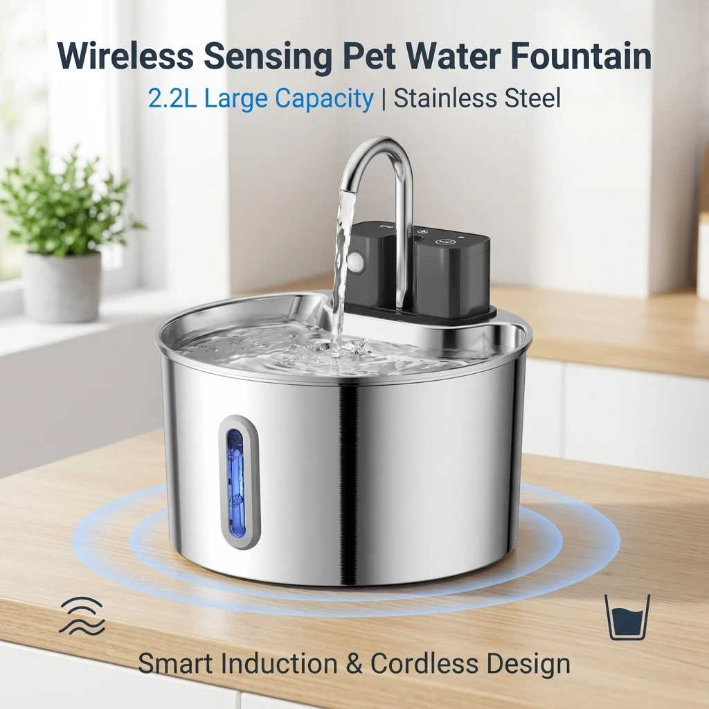 2L Wireless Smart Pet Fountain Stainless Steel Cat Dog Water Dispenser Motion Sensor Rechargeable Auto Drink Bowl( No 5V 1A Plug