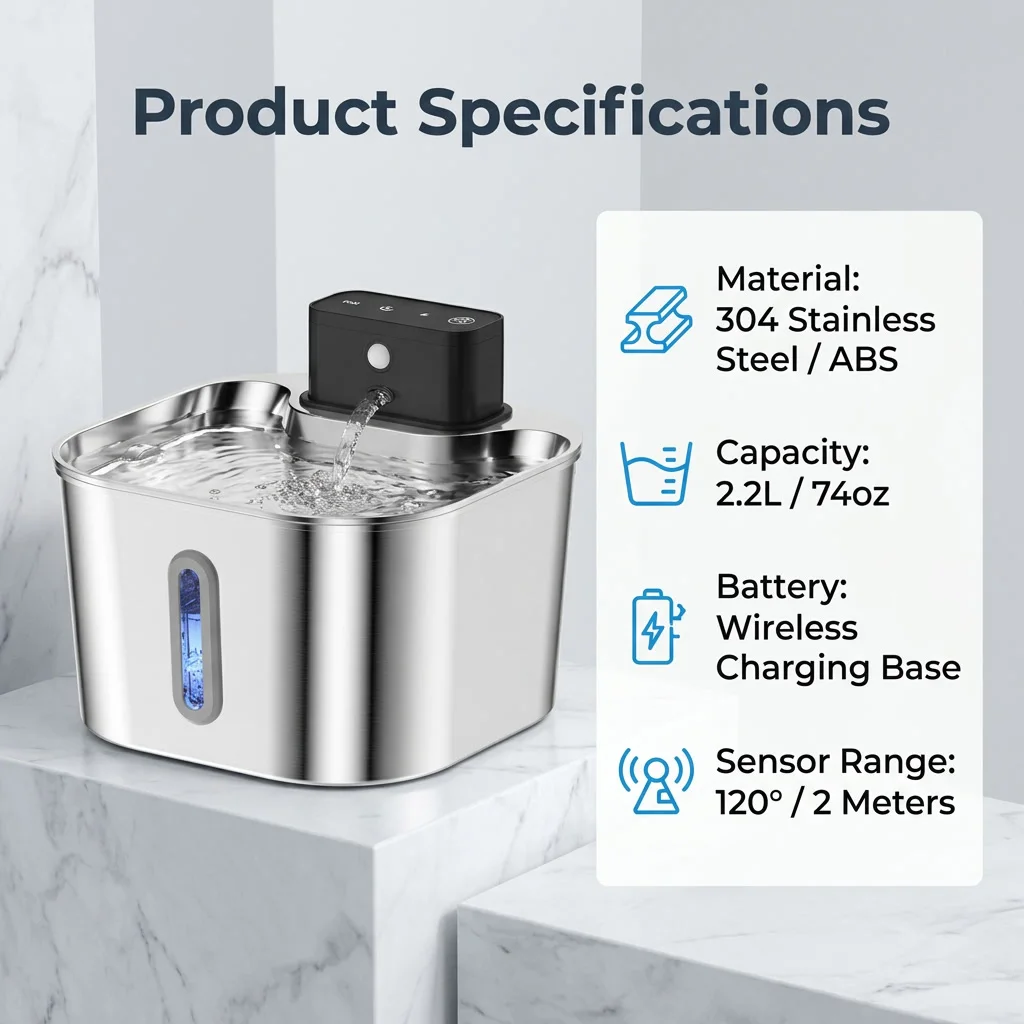 2L Wireless Smart Pet Fountain Stainless Steel Cat Dog Water Dispenser Motion Sensor Rechargeable Auto Drink Bowl( No 5V 1A Plug