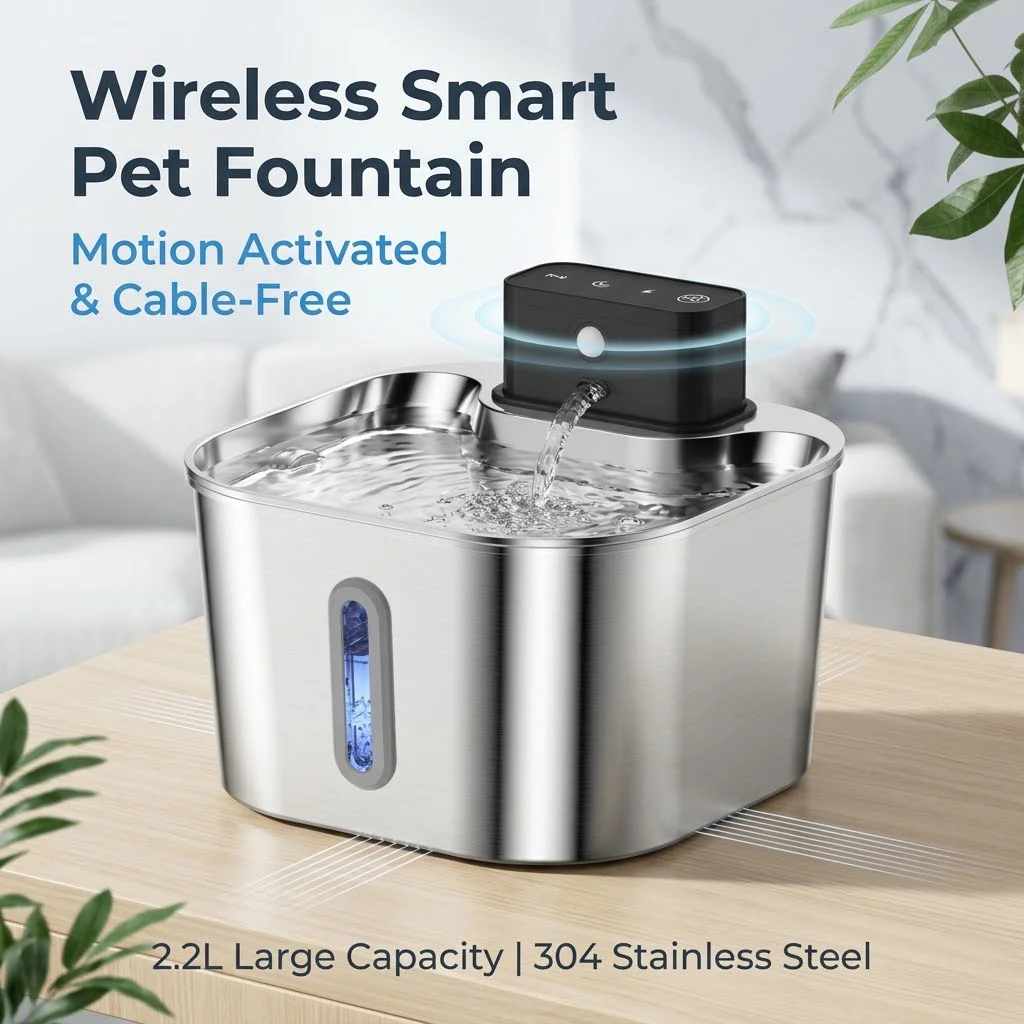 2L Wireless Smart Pet Fountain Stainless Steel Cat Dog Water Dispenser Motion Sensor Rechargeable Auto Drink Bowl( No 5V 1A Plug