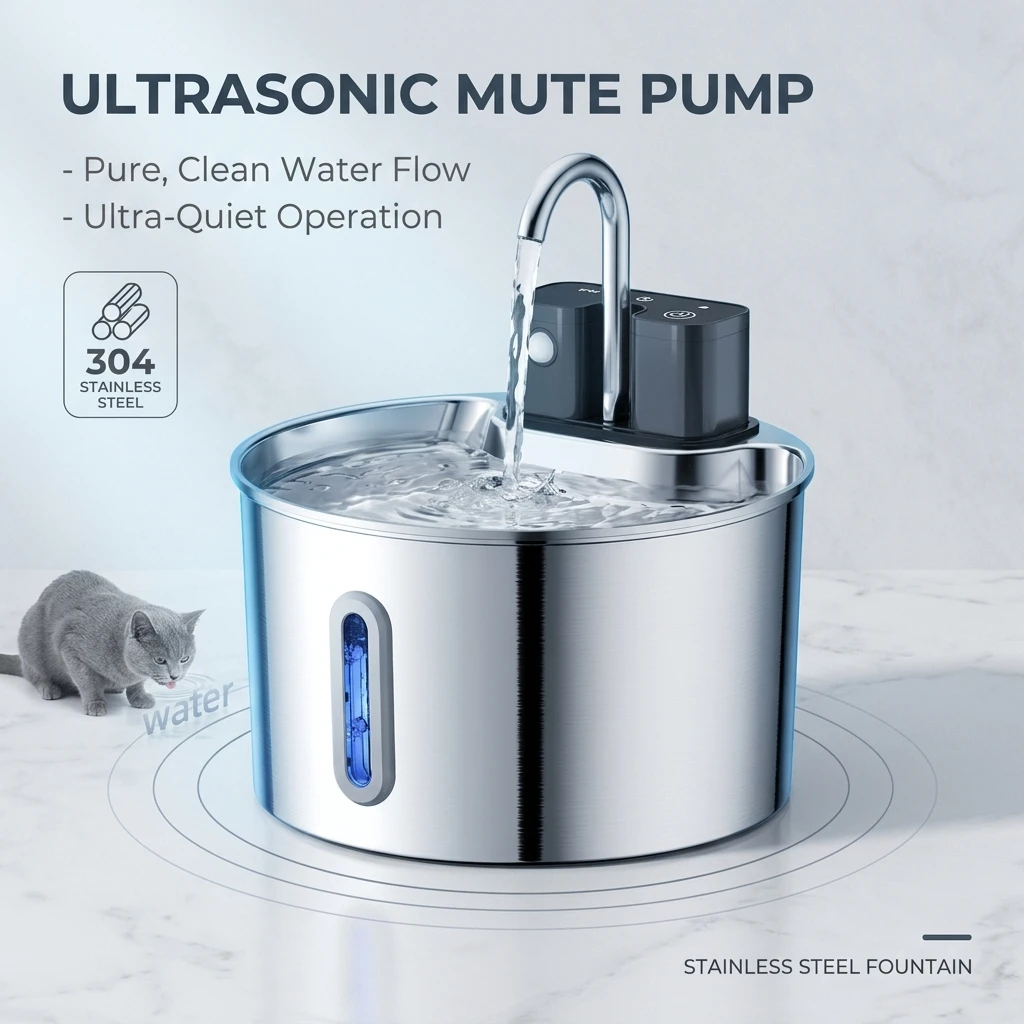 2L Wireless Smart Pet Fountain Stainless Steel Cat Dog Water Dispenser Motion Sensor Rechargeable Auto Drink Bowl( No 5V 1A Plug