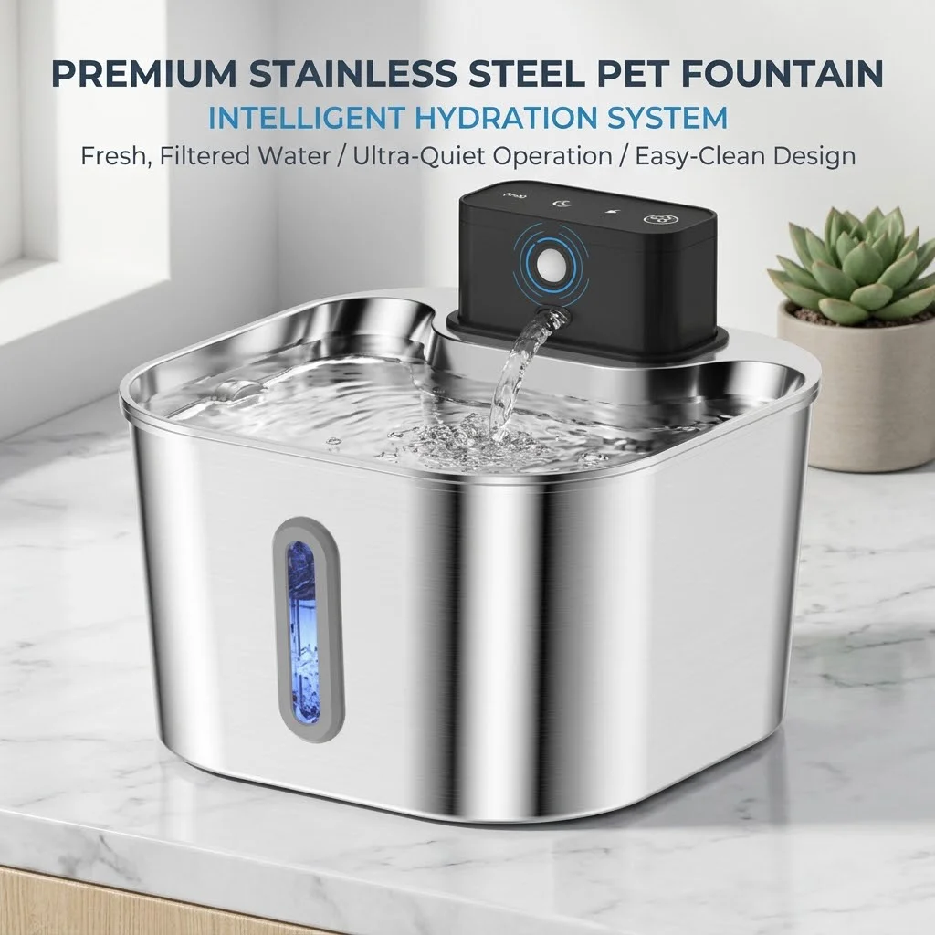 2L Wireless Smart Pet Fountain Stainless Steel Cat Dog Water Dispenser Motion Sensor Rechargeable Auto Drink Bowl( No 5V 1A Plug