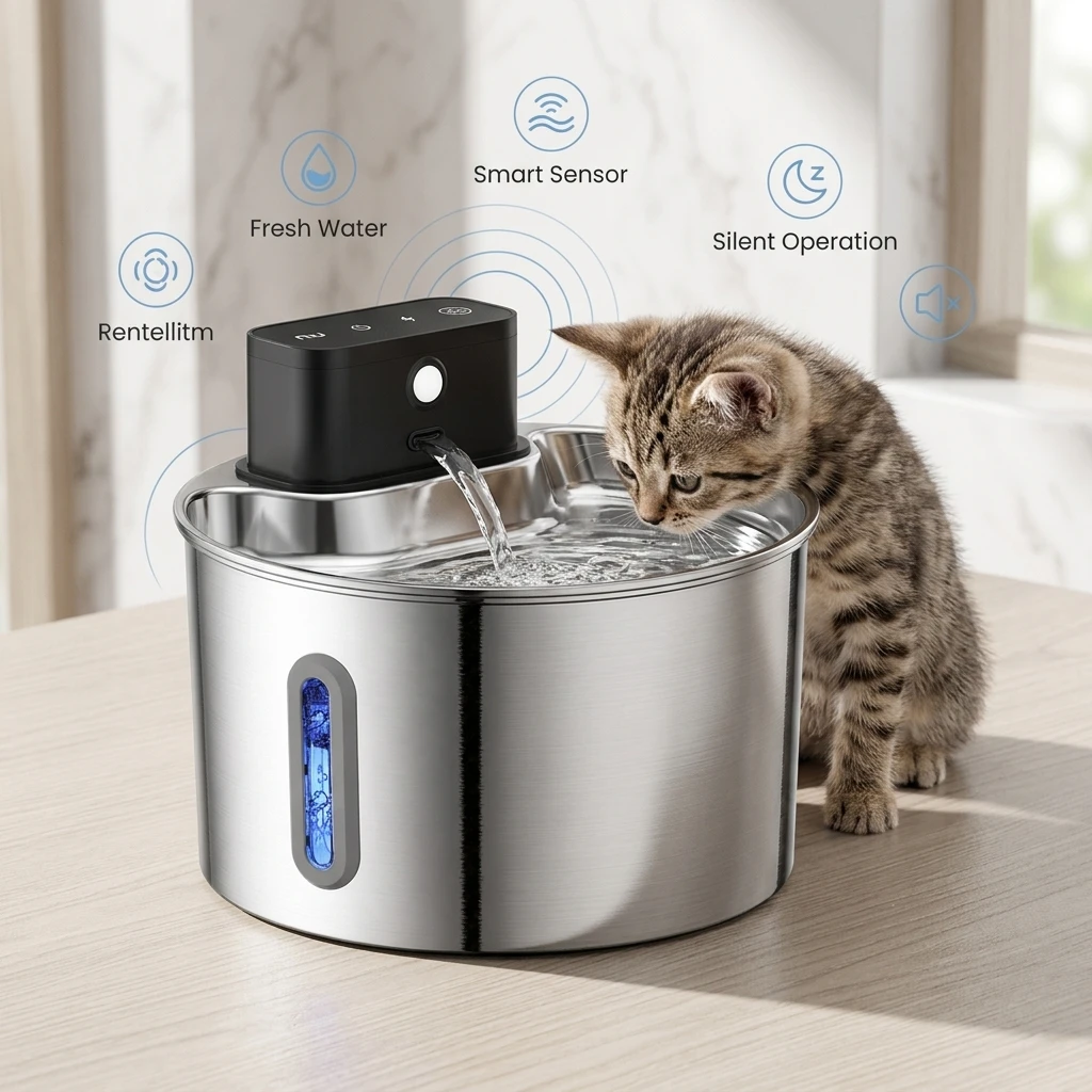 2L Wireless Smart Pet Fountain Stainless Steel Cat Dog Water Dispenser Motion Sensor Rechargeable Auto Drink Bowl( No 5V 1A Plug