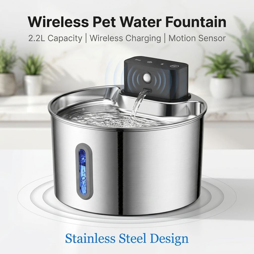 2L Wireless Smart Pet Fountain Stainless Steel Cat Dog Water Dispenser Motion Sensor Rechargeable Auto Drink Bowl( No 5V 1A Plug