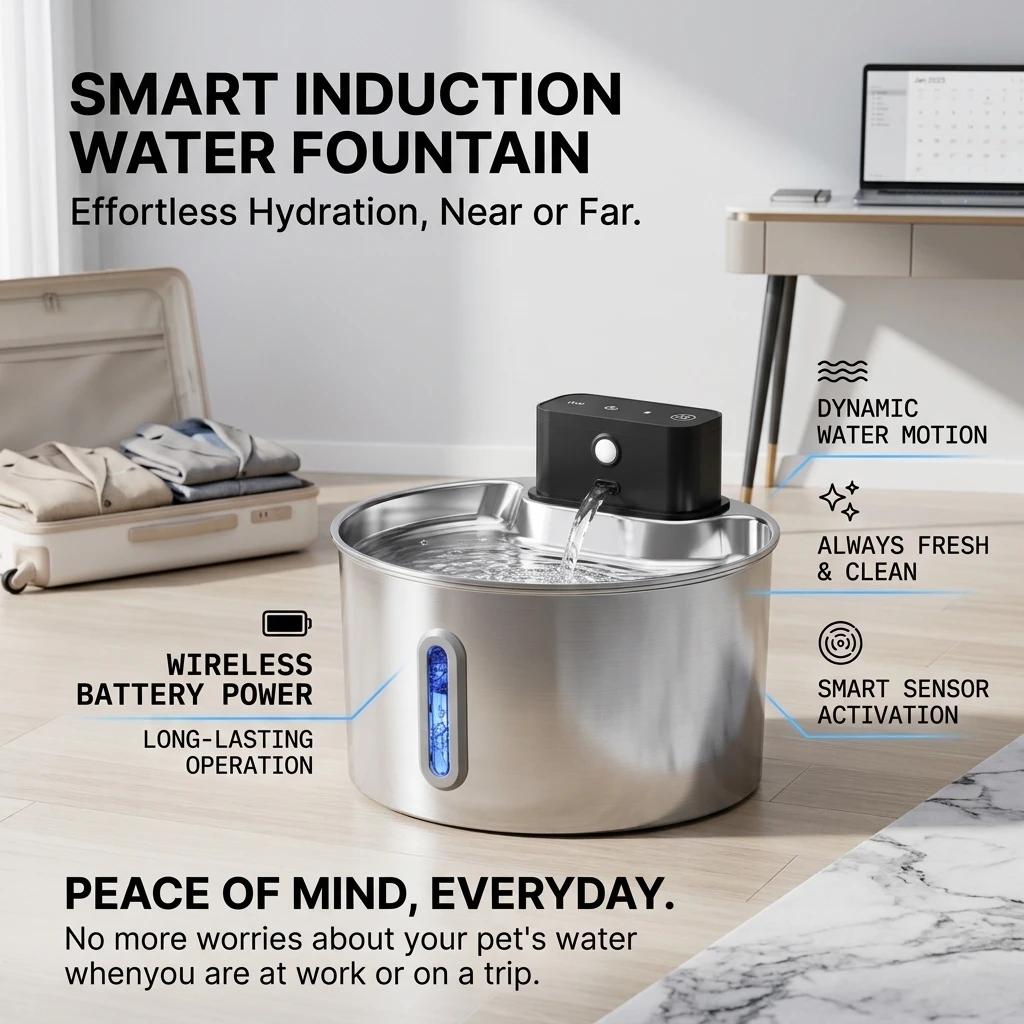 2L Wireless Smart Pet Fountain Stainless Steel Cat Dog Water Dispenser Motion Sensor Rechargeable Auto Drink Bowl( No 5V 1A Plug