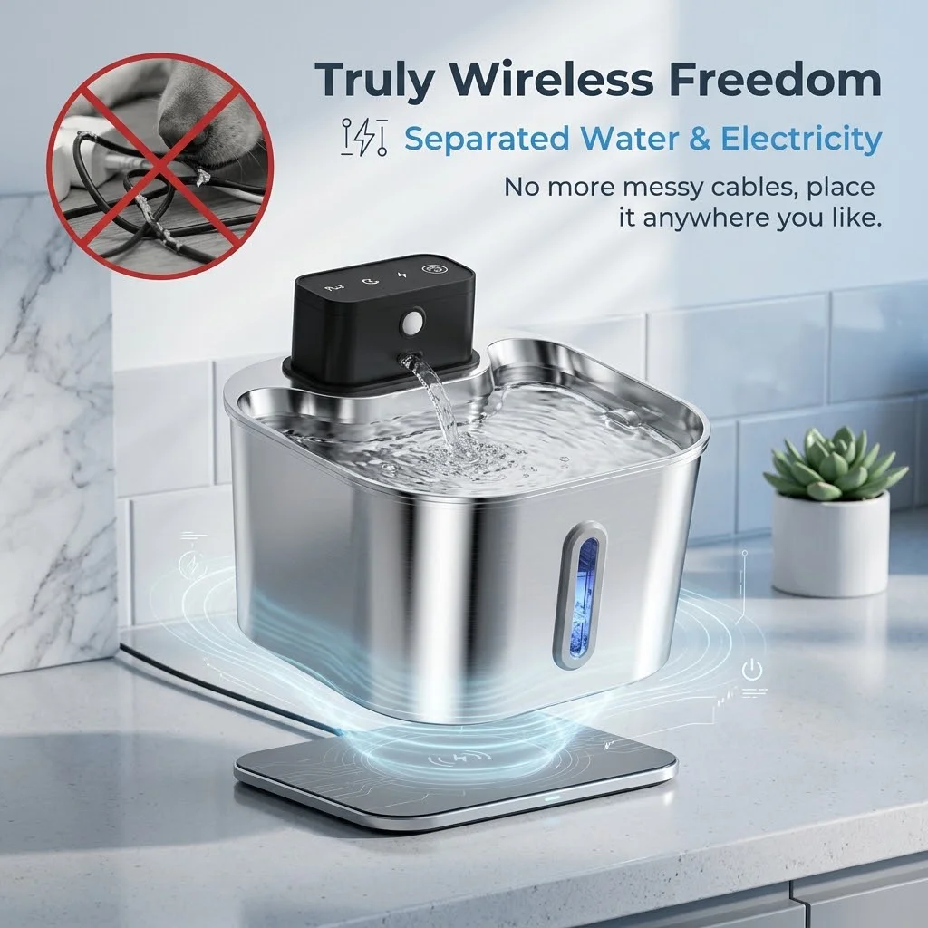2L Wireless Smart Pet Fountain Stainless Steel Cat Dog Water Dispenser Motion Sensor Rechargeable Auto Drink Bowl( No 5V 1A Plug
