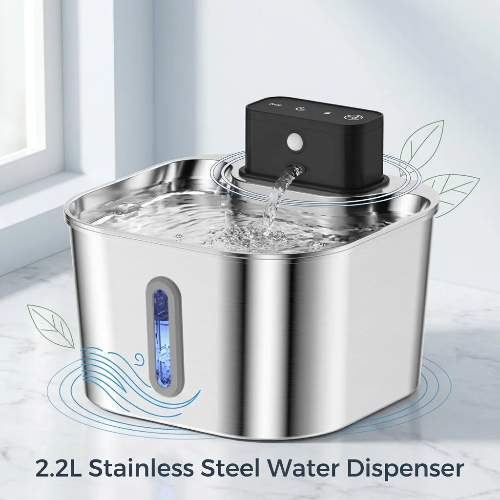2L Wireless Smart Pet Fountain Stainless Steel Cat Dog Water Dispenser Motion Sensor Rechargeable Auto Drink Bowl( No 5V 1A Plug