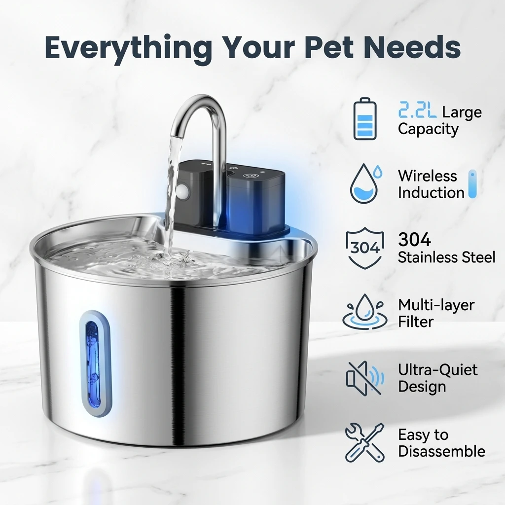 2L Wireless Smart Pet Fountain Stainless Steel Cat Dog Water Dispenser Motion Sensor Rechargeable Auto Drink Bowl( No 5V 1A Plug
