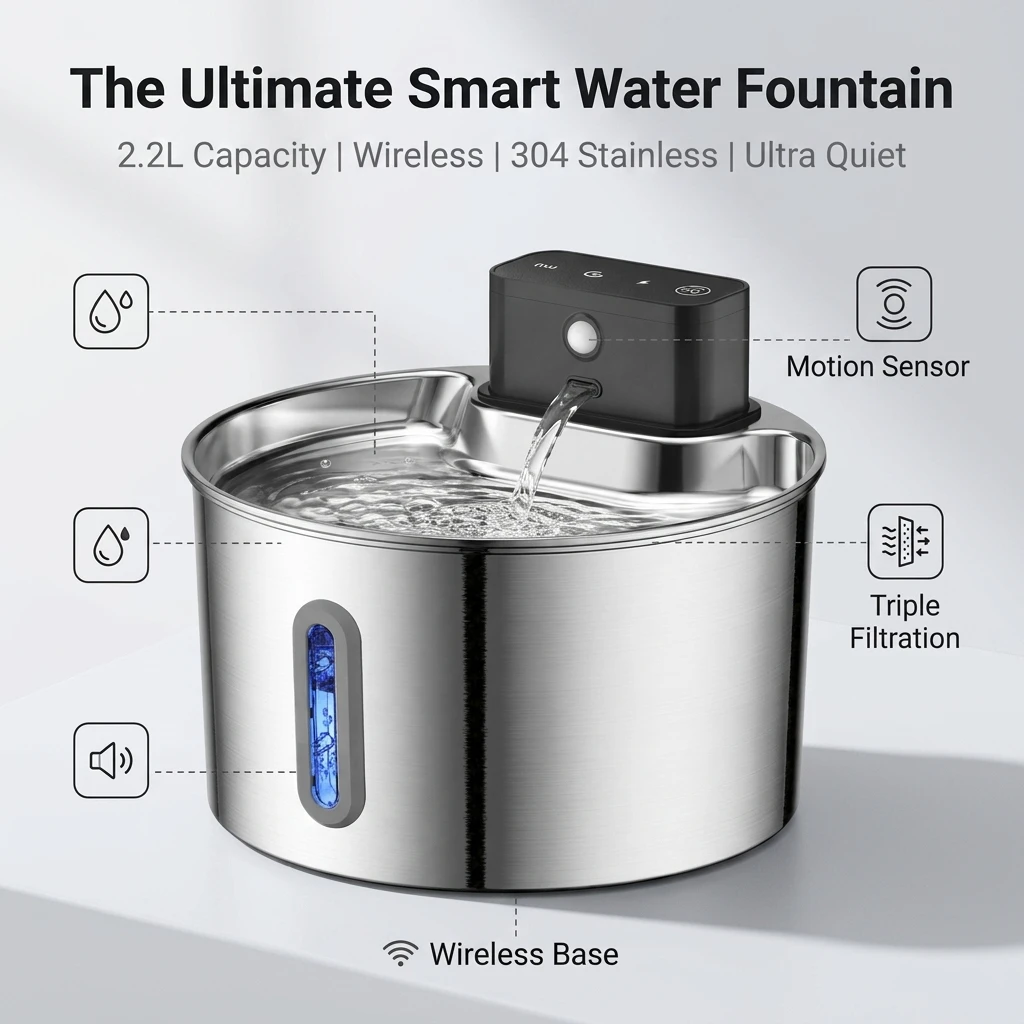 2L Wireless Smart Pet Fountain Stainless Steel Cat Dog Water Dispenser Motion Sensor Rechargeable Auto Drink Bowl( No 5V 1A Plug