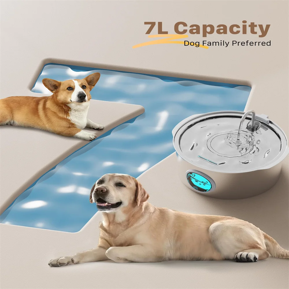 7L Large Dog Water Fountain Stainless Steel Ultra-Quiet Dog Water Fountain Bowl for Large Dogs Cats and Multi-Pet Homes