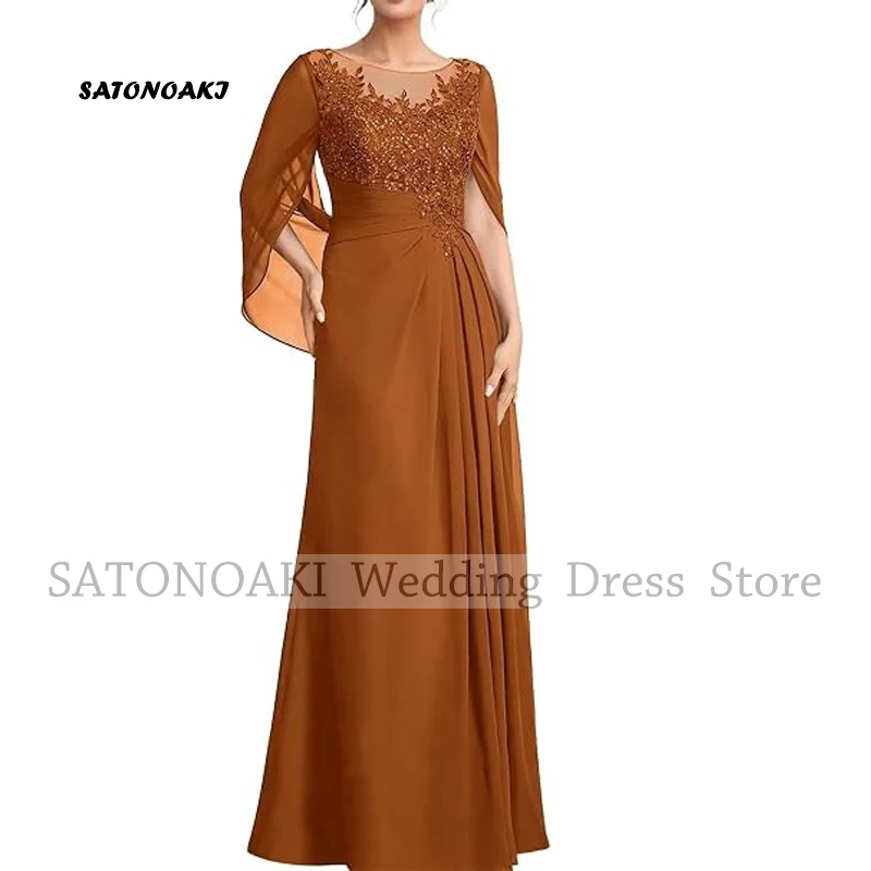 Women's Cape Sleeve Chiffon Mother of The Bride Dresses Lace Appliques A-Line Formal Evening Gown Plus Size Wedding Guest Dress