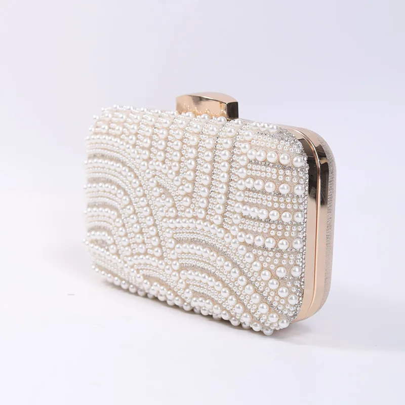 Ladies Pearl Elegant Evening Bag Fashionable Stylish Beading Wedding Dinner Party Banquet Dress Clutch Bag with Long Chain Purse
