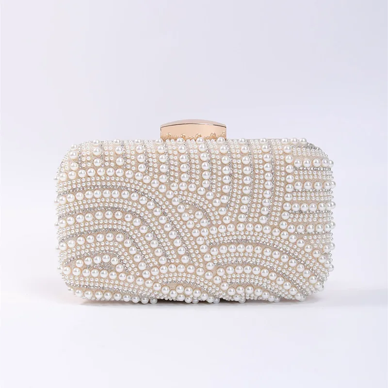 Ladies Pearl Elegant Evening Bag Fashionable Stylish Beading Wedding Dinner Party Banquet Dress Clutch Bag with Long Chain Purse