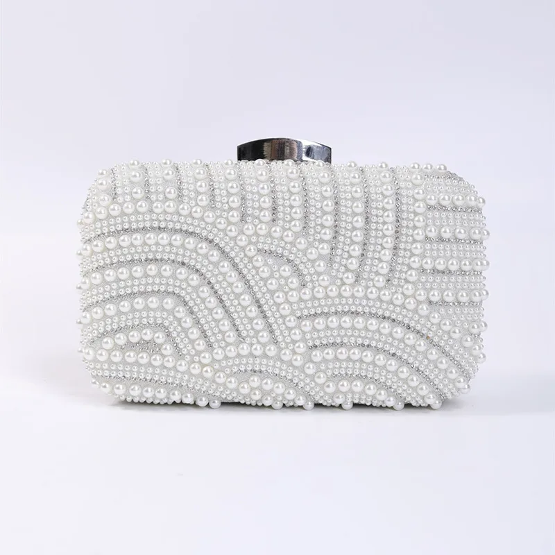 Ladies Pearl Elegant Evening Bag Fashionable Stylish Beading Wedding Dinner Party Banquet Dress Clutch Bag with Long Chain Purse