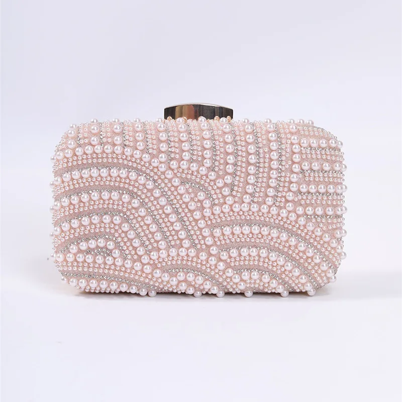 Ladies Pearl Elegant Evening Bag Fashionable Stylish Beading Wedding Dinner Party Banquet Dress Clutch Bag with Long Chain Purse