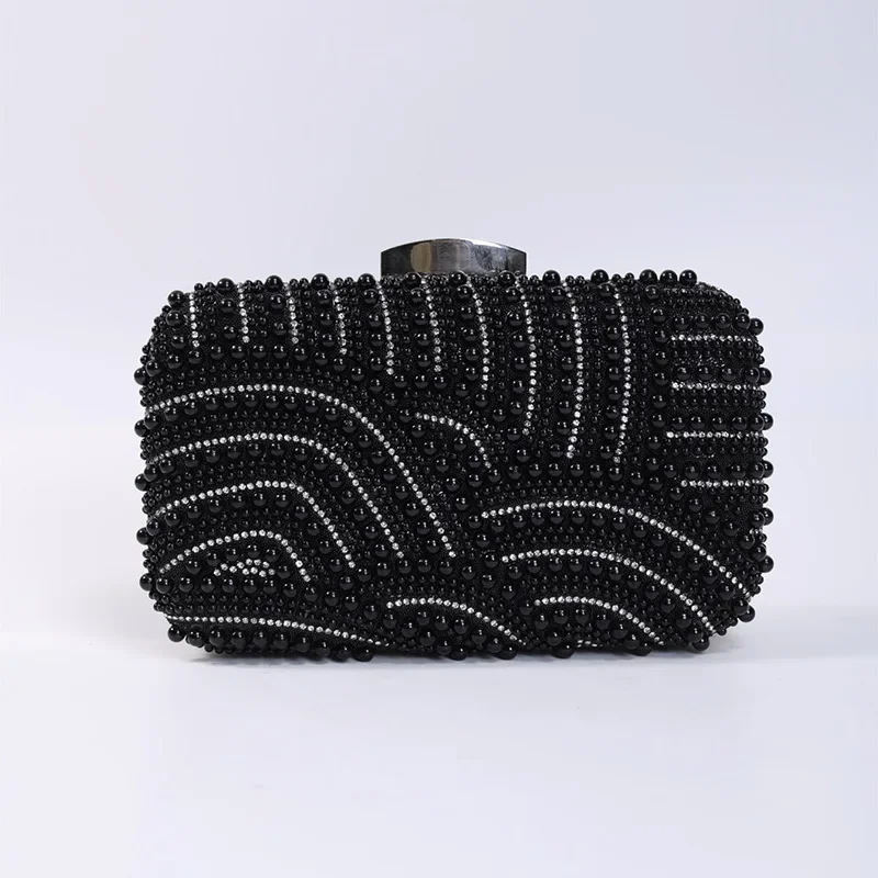 Ladies Pearl Elegant Evening Bag Fashionable Stylish Beading Wedding Dinner Party Banquet Dress Clutch Bag with Long Chain Purse