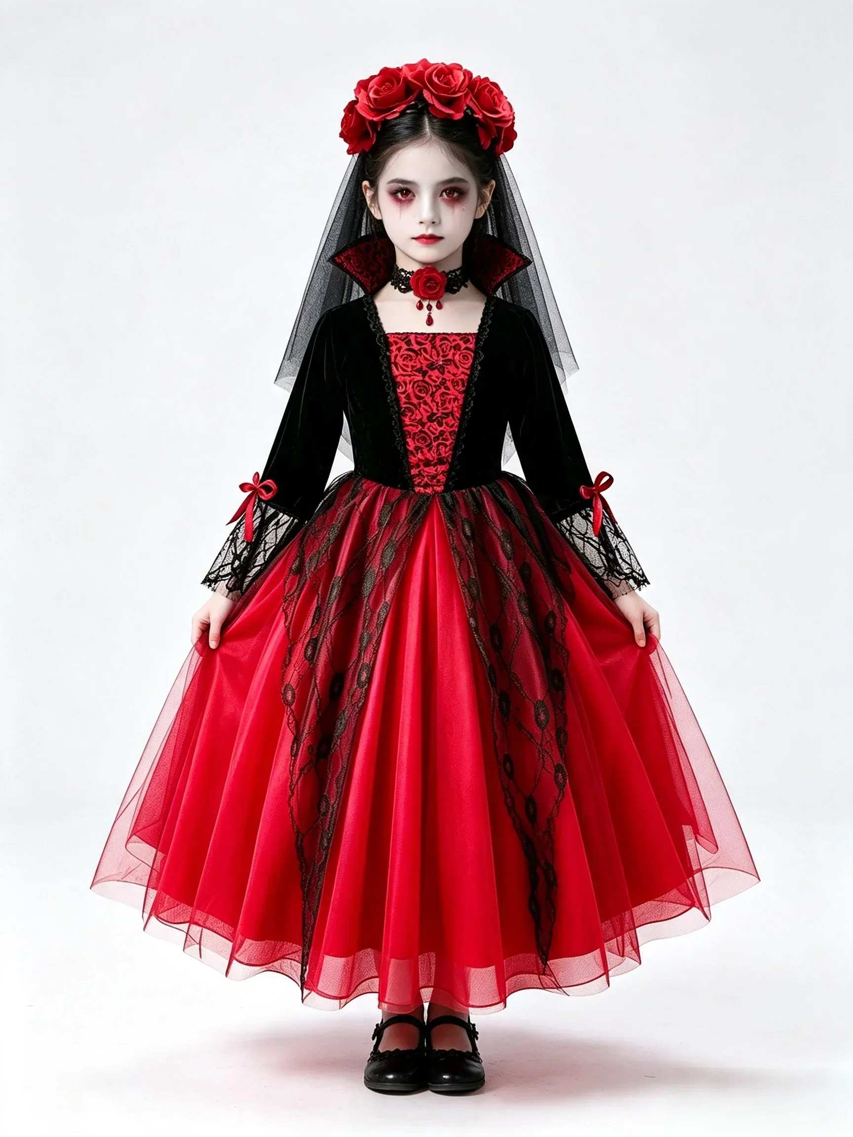 Girls Cosplay Halloween Vampire Devil Dress for Kids Ghost Bride Gothic Costume Vampire Carnival Outfits Black Red Mesh Clothes