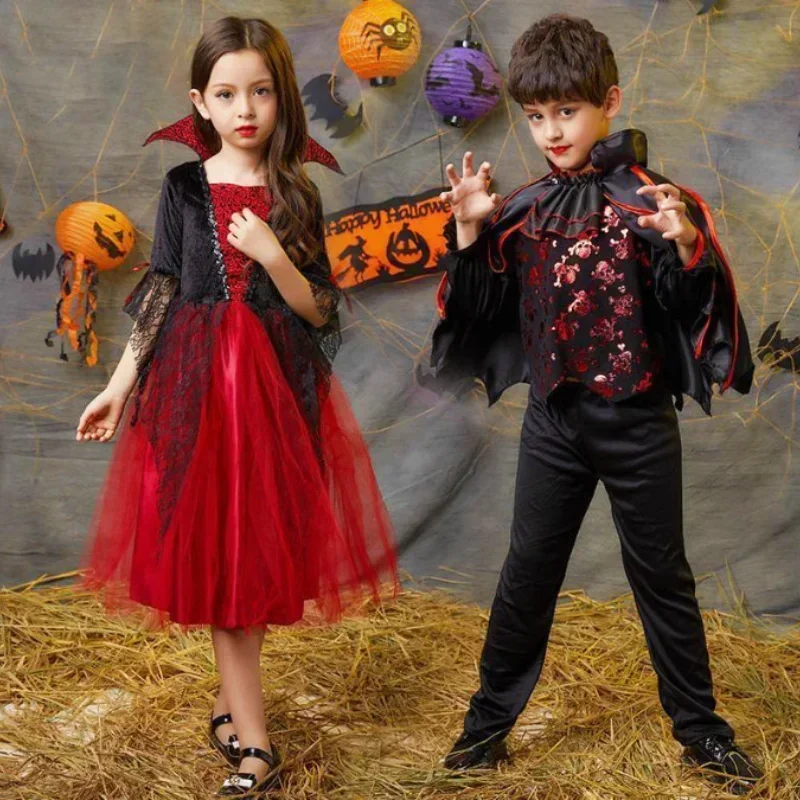 Girls Cosplay Halloween Vampire Devil Dress for Kids Ghost Bride Gothic Costume Vampire Carnival Outfits Black Red Mesh Clothes