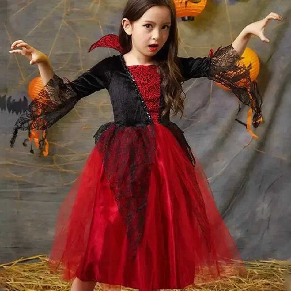 Girls Cosplay Halloween Vampire Devil Dress for Kids Ghost Bride Gothic Costume Vampire Carnival Outfits Black Red Mesh Clothes