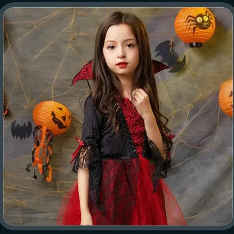 Girls Cosplay Halloween Vampire Devil Dress for Kids Ghost Bride Gothic Costume Vampire Carnival Outfits Black Red Mesh Clothes