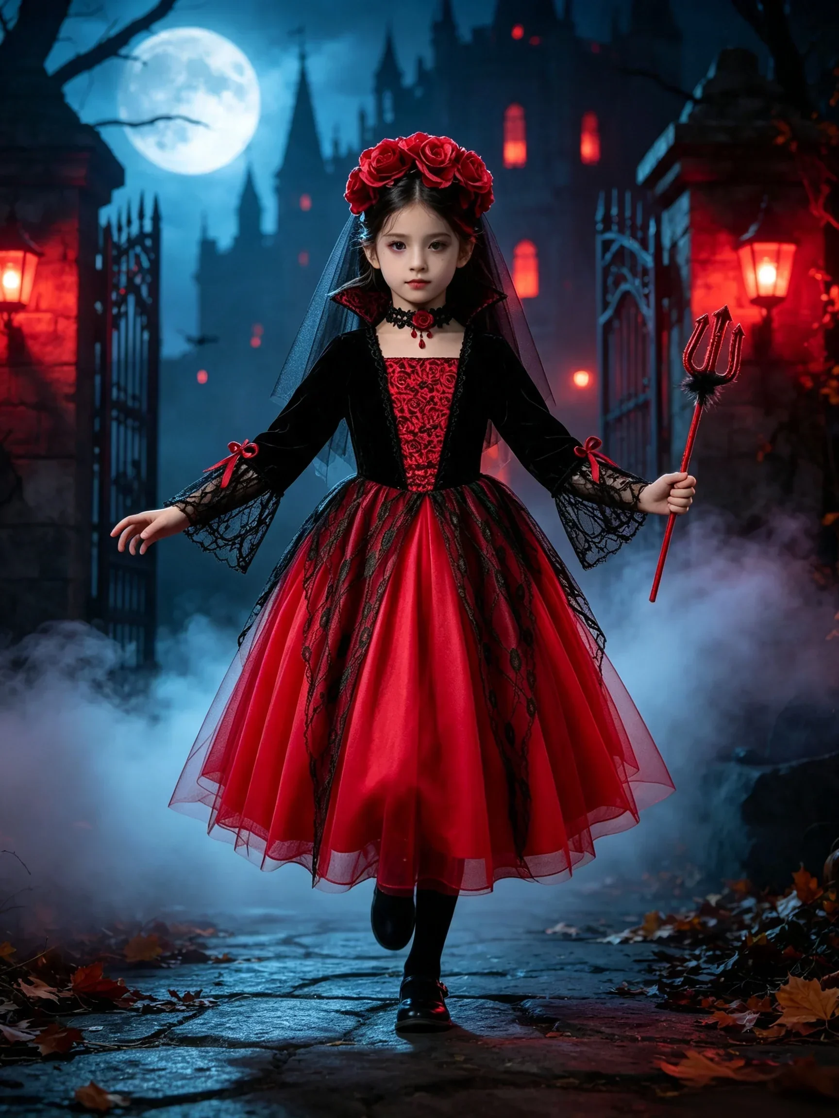 Girls Cosplay Halloween Vampire Devil Dress for Kids Ghost Bride Gothic Costume Vampire Carnival Outfits Black Red Mesh Clothes