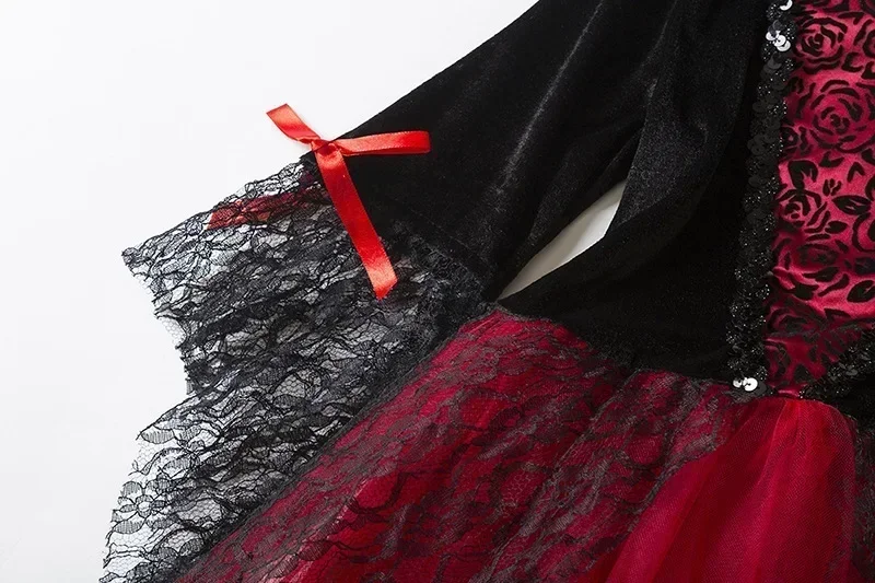 Girls Cosplay Halloween Vampire Devil Dress for Kids Ghost Bride Gothic Costume Vampire Carnival Outfits Black Red Mesh Clothes