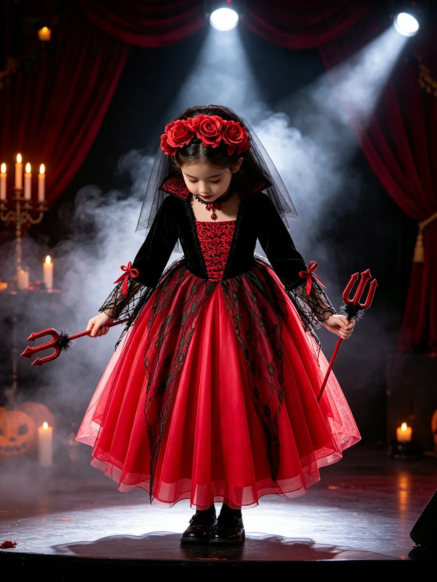Girls Cosplay Halloween Vampire Devil Dress for Kids Ghost Bride Gothic Costume Vampire Carnival Outfits Black Red Mesh Clothes